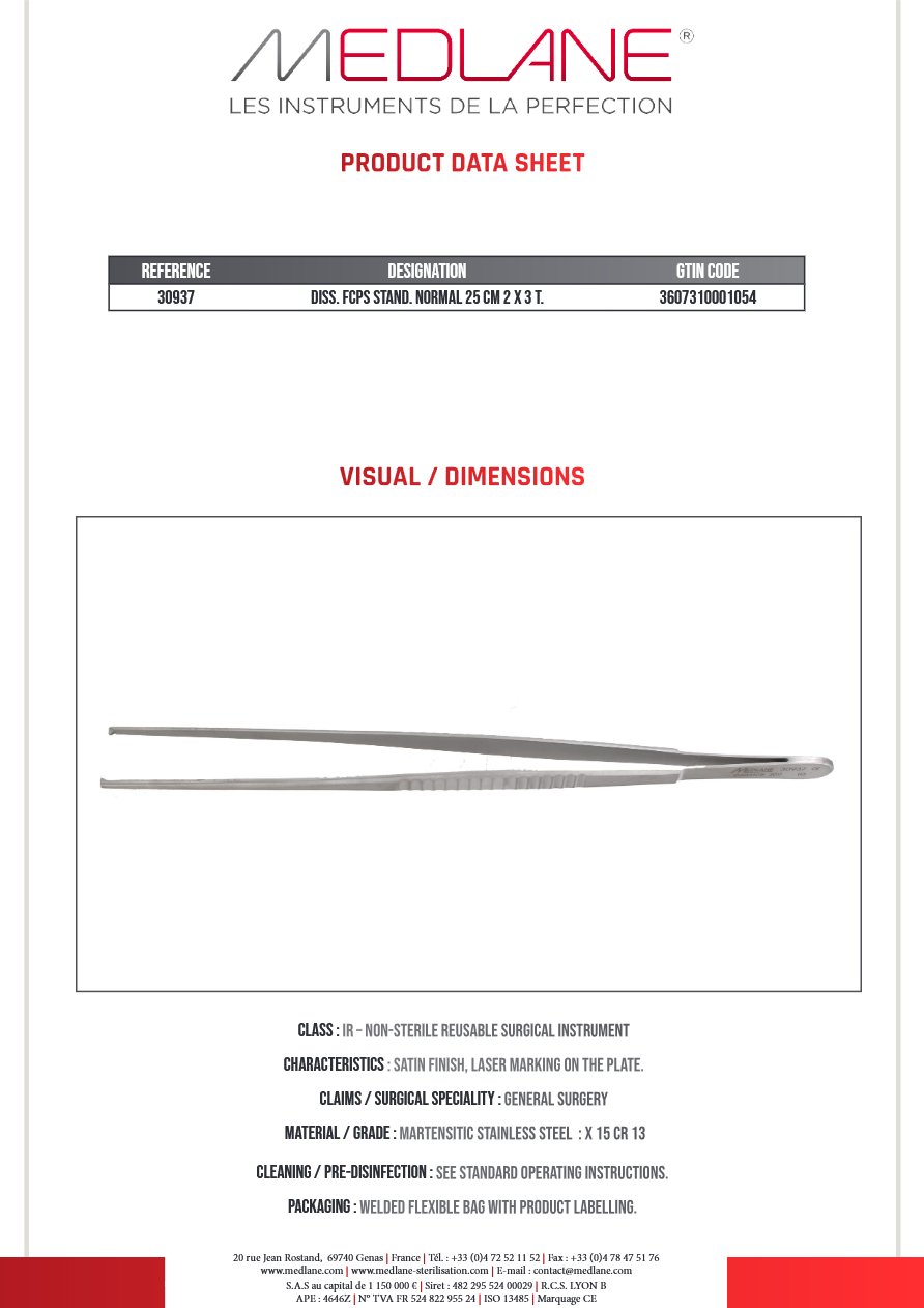 MEDLANE product photo: Pince Dissection Standard Norma 250 mm 2 X 3 Griffes, reference 30937P
