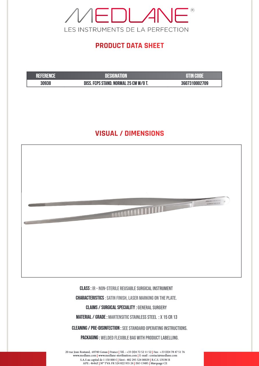 Photo produit MEDLANE : Pince Dissection Standard Norma 250 mm Ss Griffes, référence 30938P
