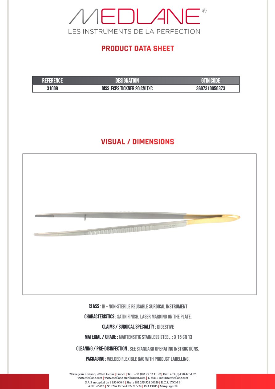 Pince Diss. Tickner 200 mm Tungst — REF 31009