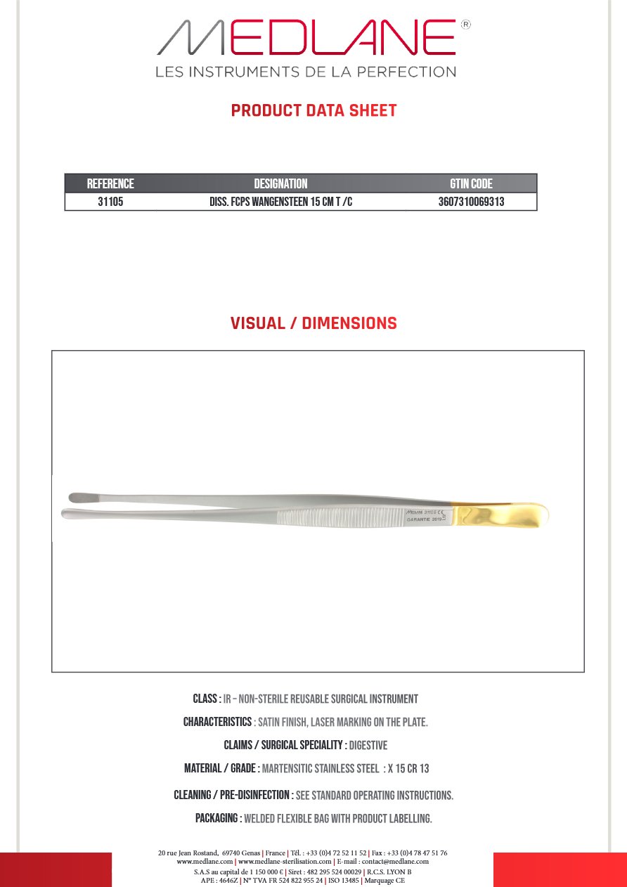 Photo produit MEDLANE : Pince Dissection Wangensteen 150 mm Tungstène, référence 31105P
