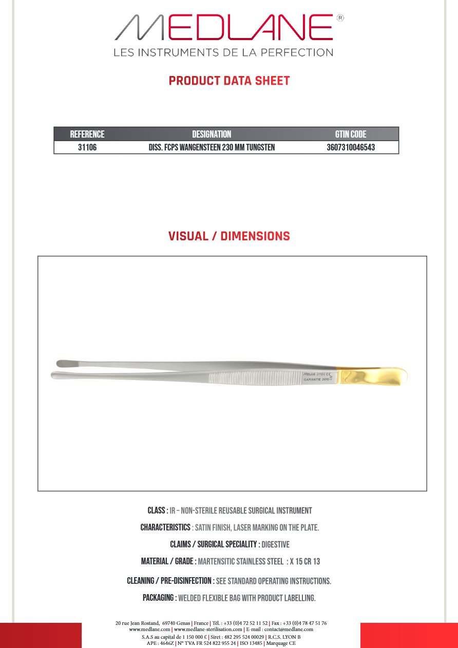 Pince Diss. Wangensteen 230 mm Tungst — REF 31106P