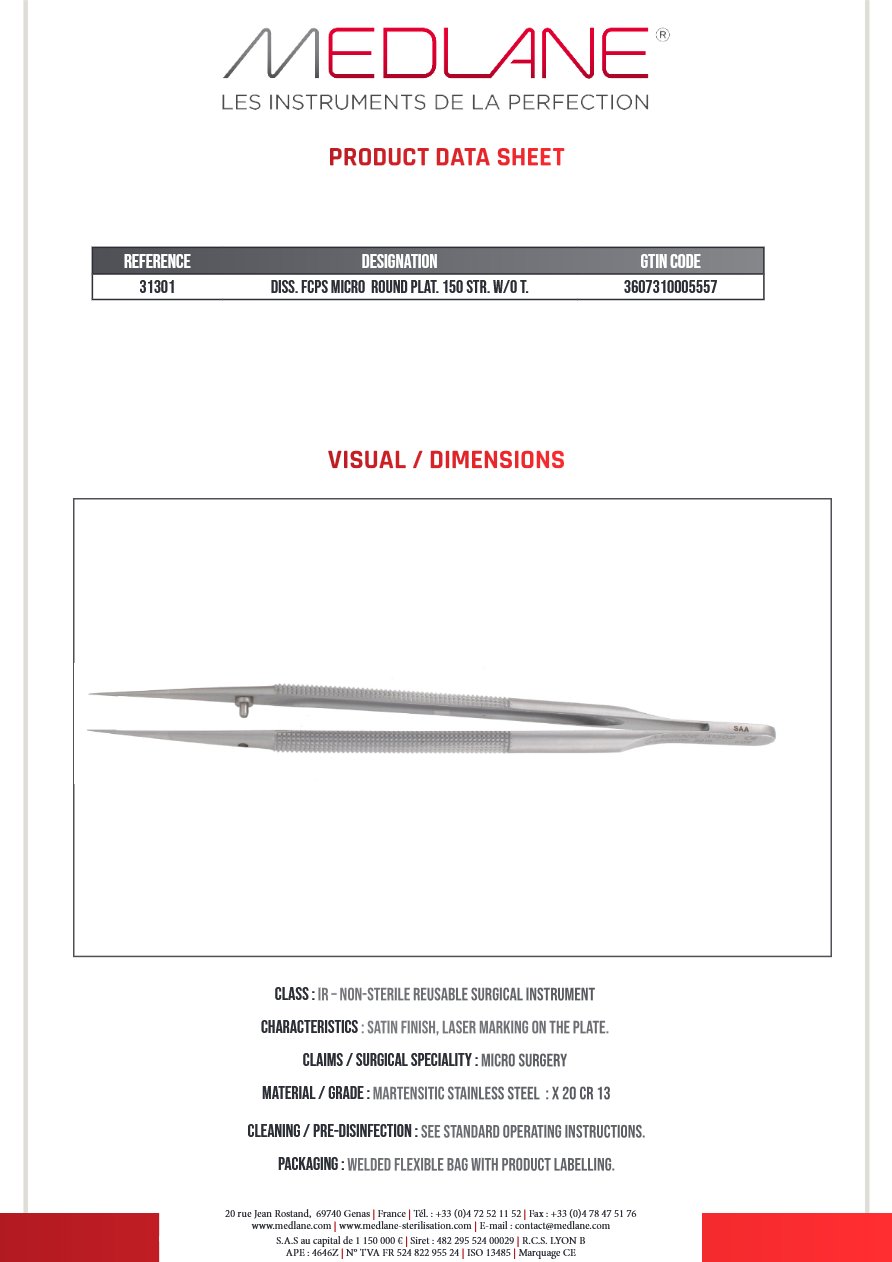 Photo produit MEDLANE : Pince Dissection Micro Corps Rond a Plateau 150 mm Droit Ss Griffes, référence 31301