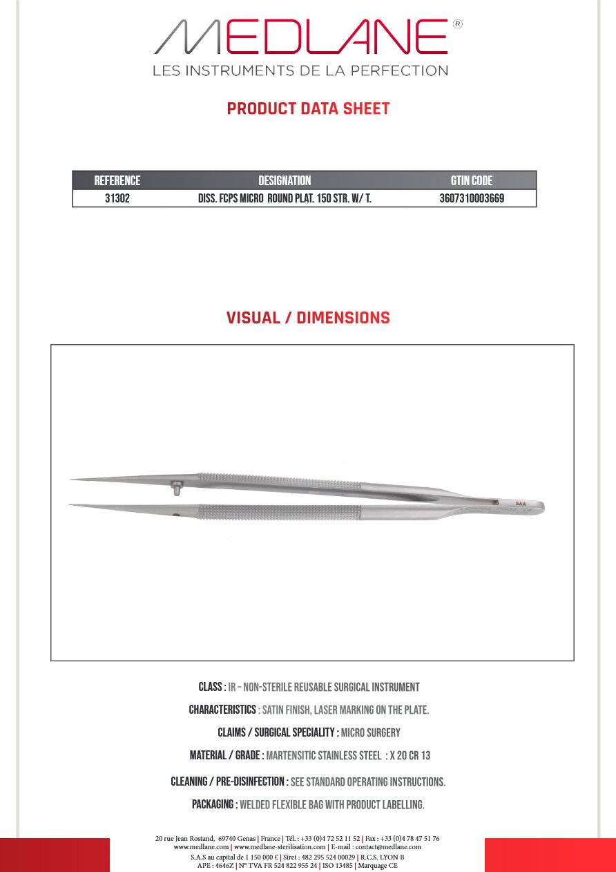 Photo produit MEDLANE : Pince Dissection Micro Corps Rond a Plateau 150 mm Droit a Griffes, référence 31302