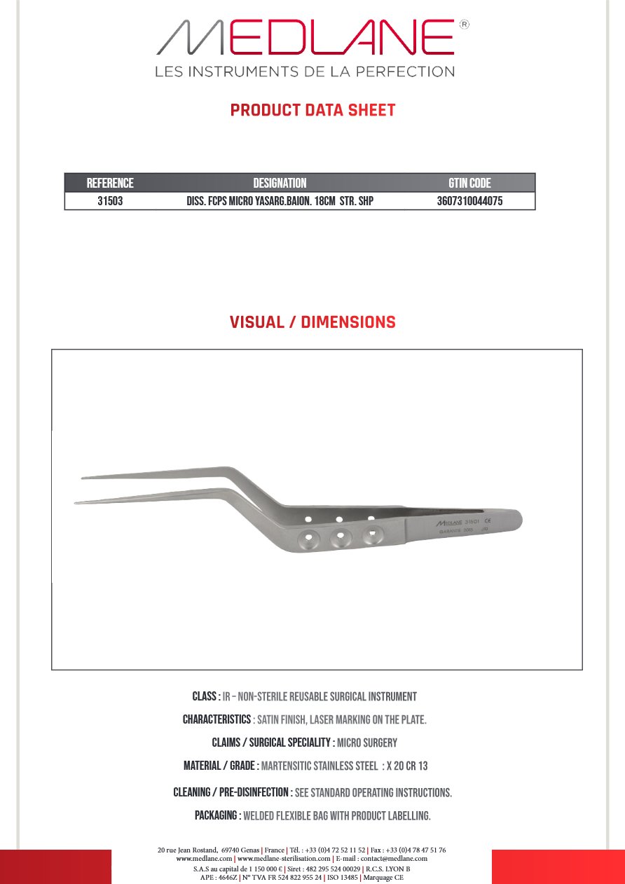 Pince Diss. Micro Yasarg Baion 180 Mr Droit 0,6MM Mch Troue — REF 31503