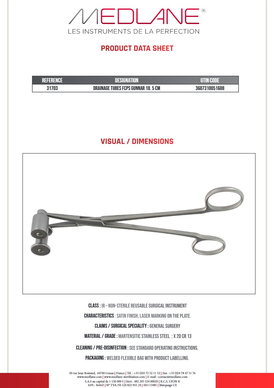 Photo produit MEDLANE : Pince Divers Gunnar Pr Vider Drains 185 mm Diamètre Maxi 17MM, référence 31703P
