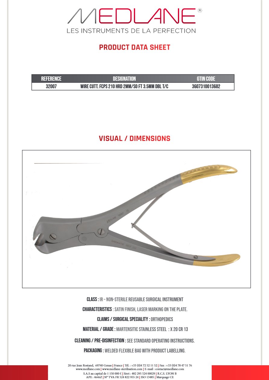 Photo produit MEDLANE : Pince Fils Coupe 210 D. max 2,0 mm Double Articulation tung, référence 32007P