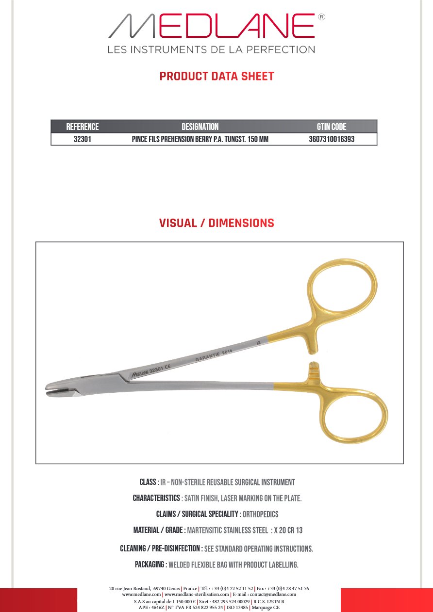 Photo produit MEDLANE : Pince Fils Préhension Berry P. a. Tungstène 150 mm, référence 32301P