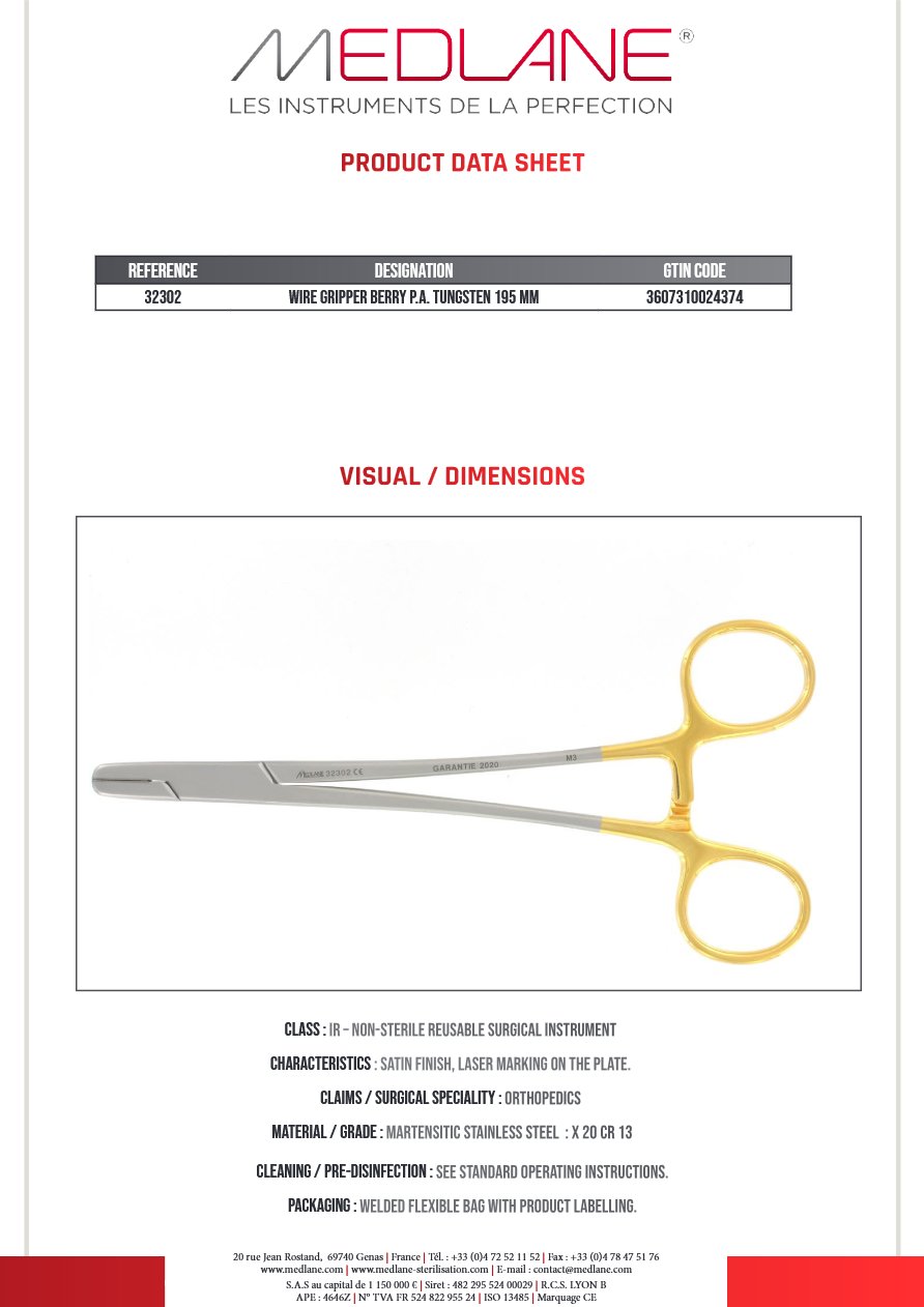 Photo produit MEDLANE : Pince Fils Préhension Berry P. a. Tungstène 195 mm, référence 32302P