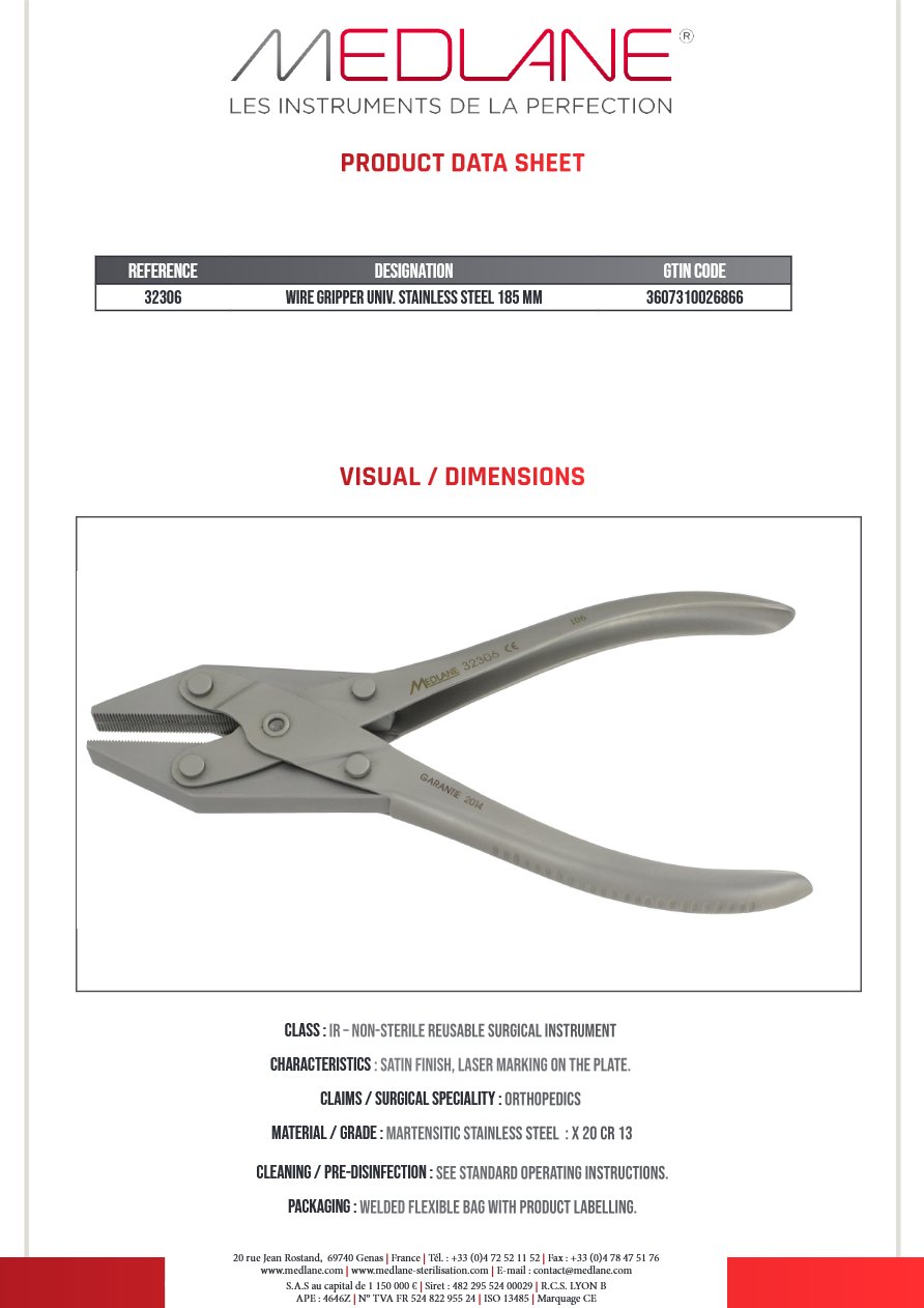 Photo produit MEDLANE : Pince Fils Préhension Universel Inox 185 mm, référence 32306P