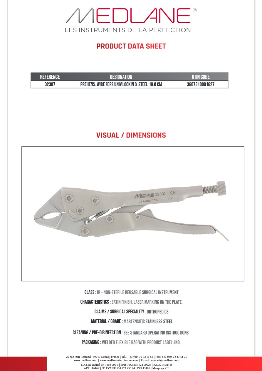 Photo produit MEDLANE : Pince Fils Préhension Universel Blocage Inox 180 mm, référence 32307P