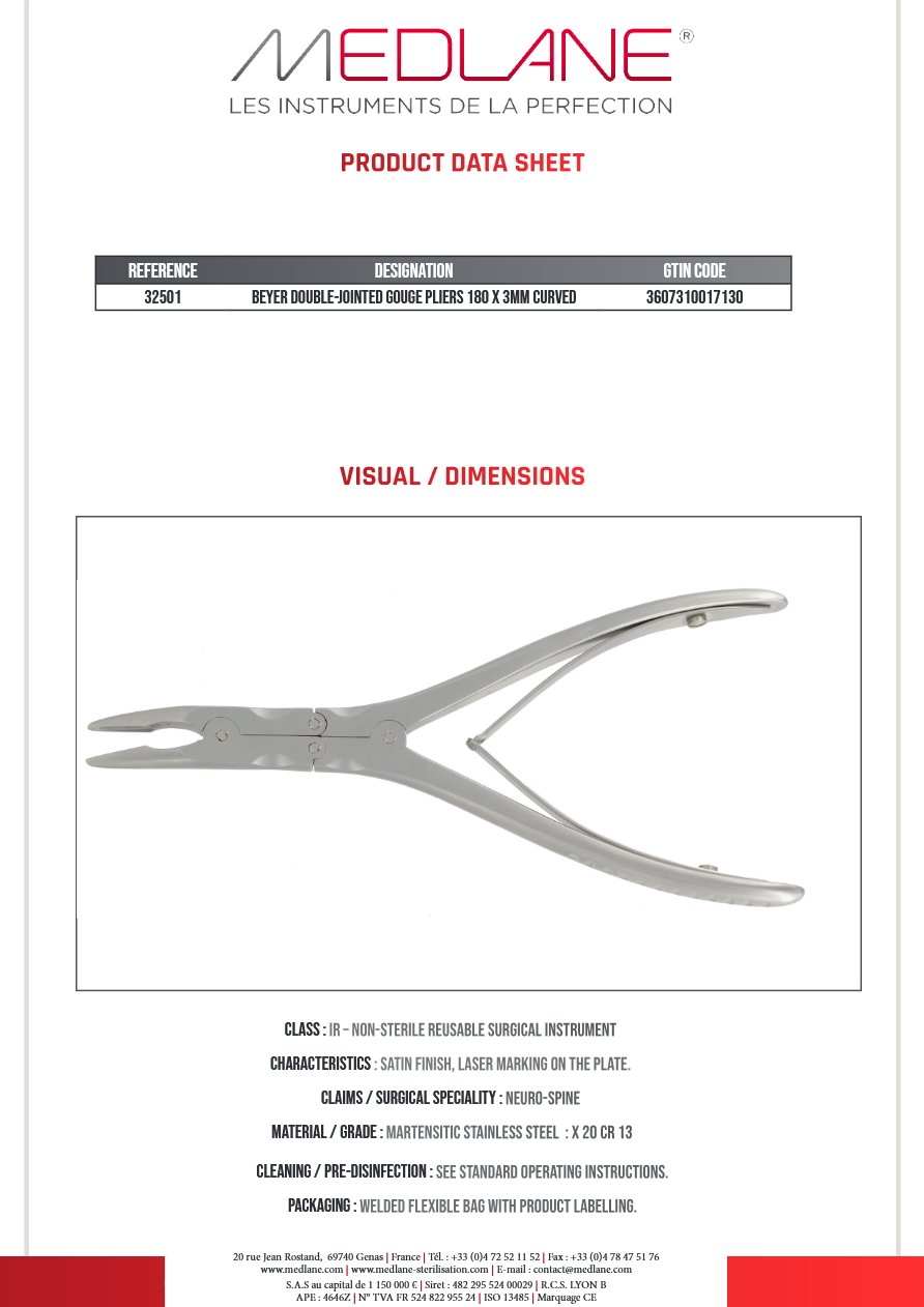 Photo produit MEDLANE : Pince Gouge Double Articulation Beyer 180 X 3MM Courbe, référence 32501