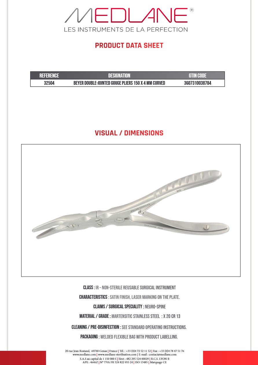 Photo produit MEDLANE : Pince Gouge Double Articulation Bohler 150 X 4MM Courbe, référence 32504P