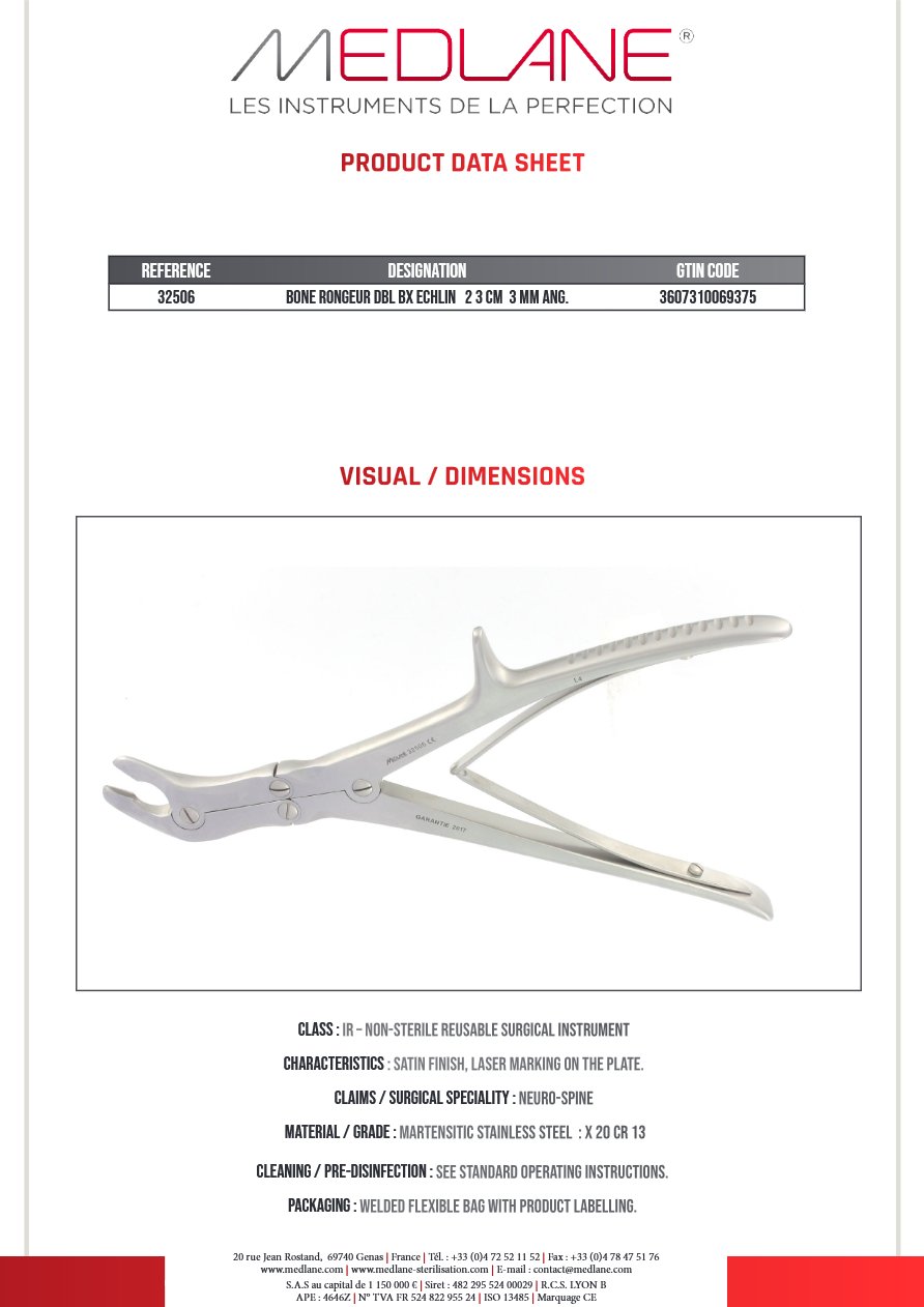 Photo produit MEDLANE : Pince Gouge Double Articulation Echlin 230 X 3MM Coudé, référence 32506P