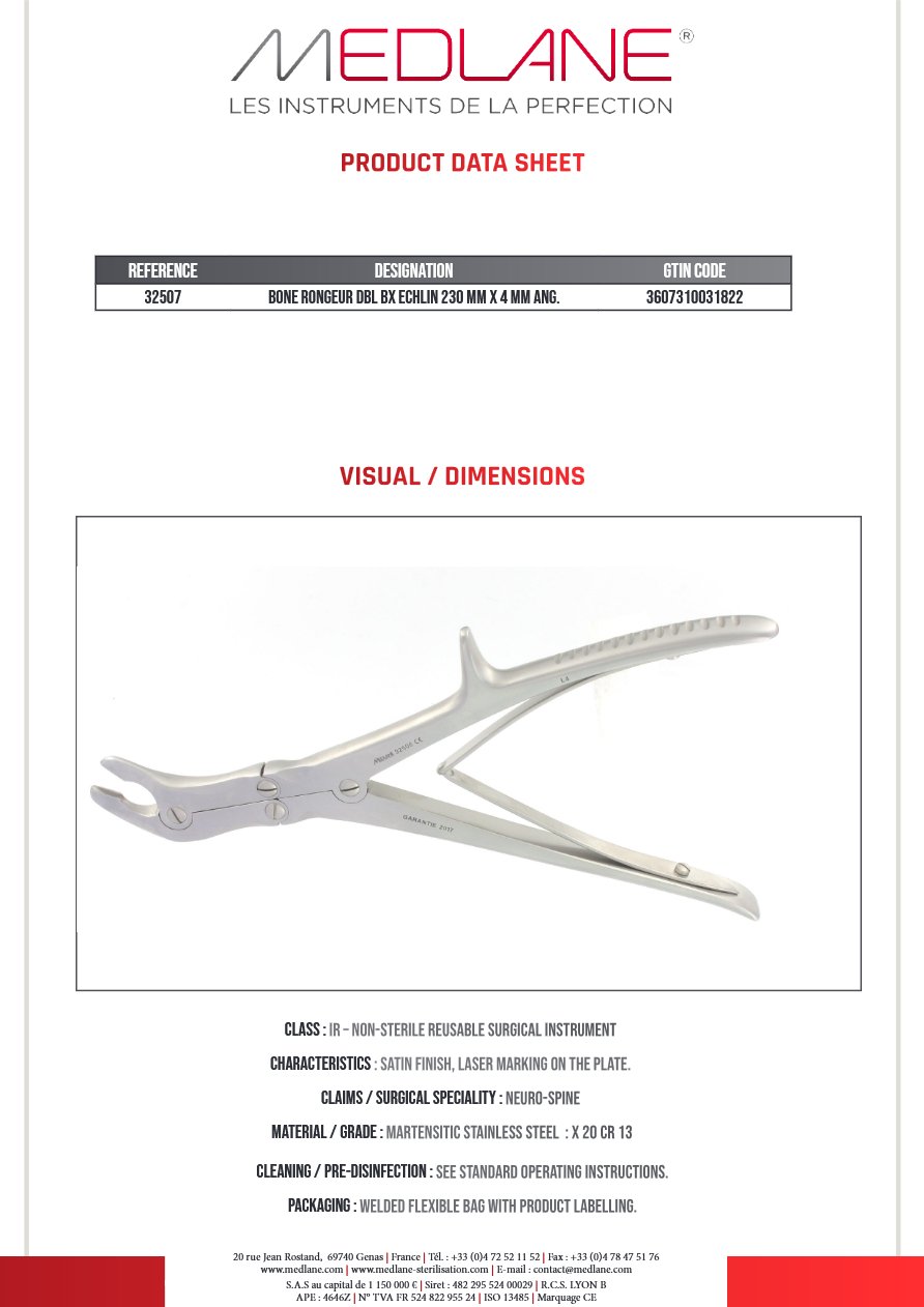 Photo produit MEDLANE : Pince Gouge Double Articulation Echlin 230 X 4MM Coudé, référence 32507P