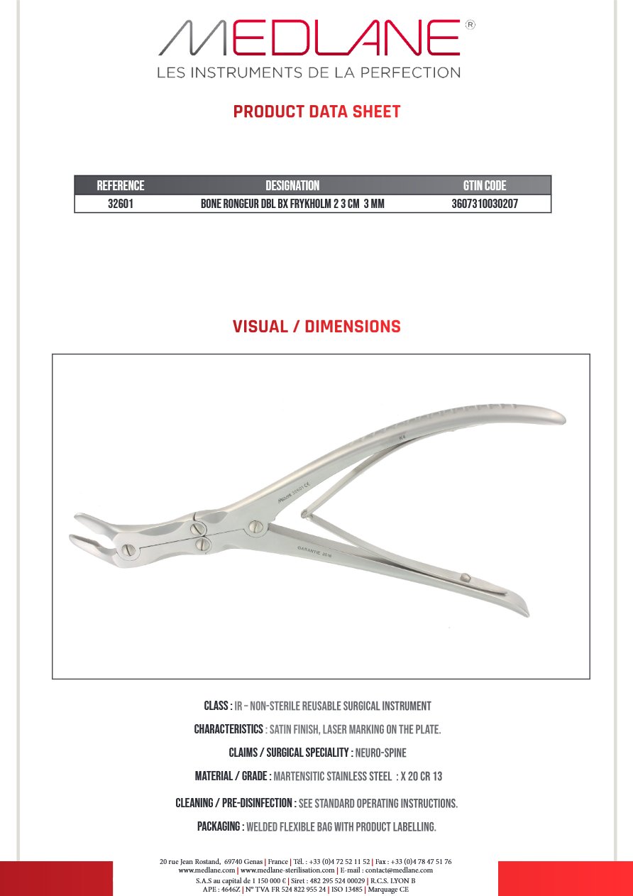 Photo produit MEDLANE : Pince Gouge Double Articulation Frykholm 230 X 3MM, référence 32601P
