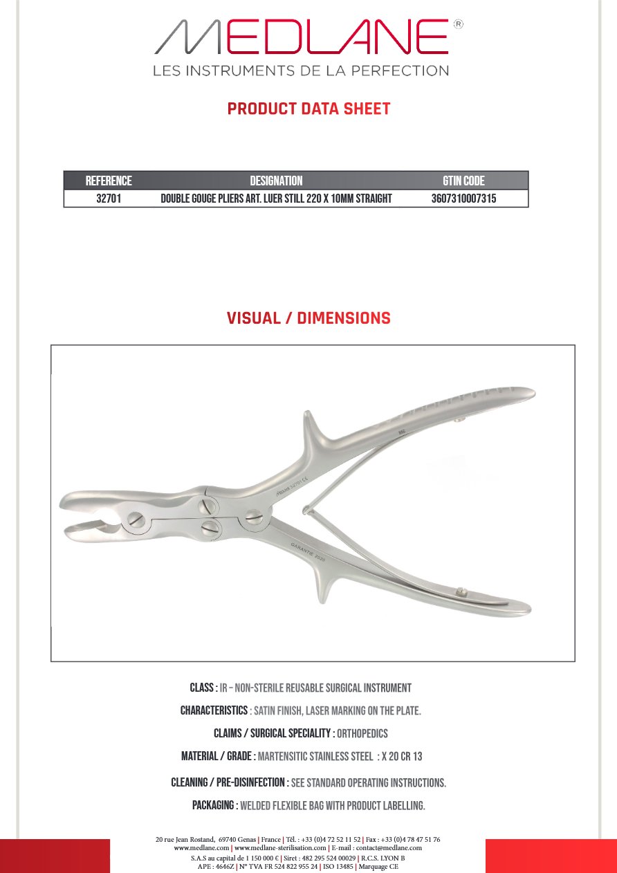 Pince Gouge Dbl Art. Luer Still 220 X 10MM Droit — REF 32701P