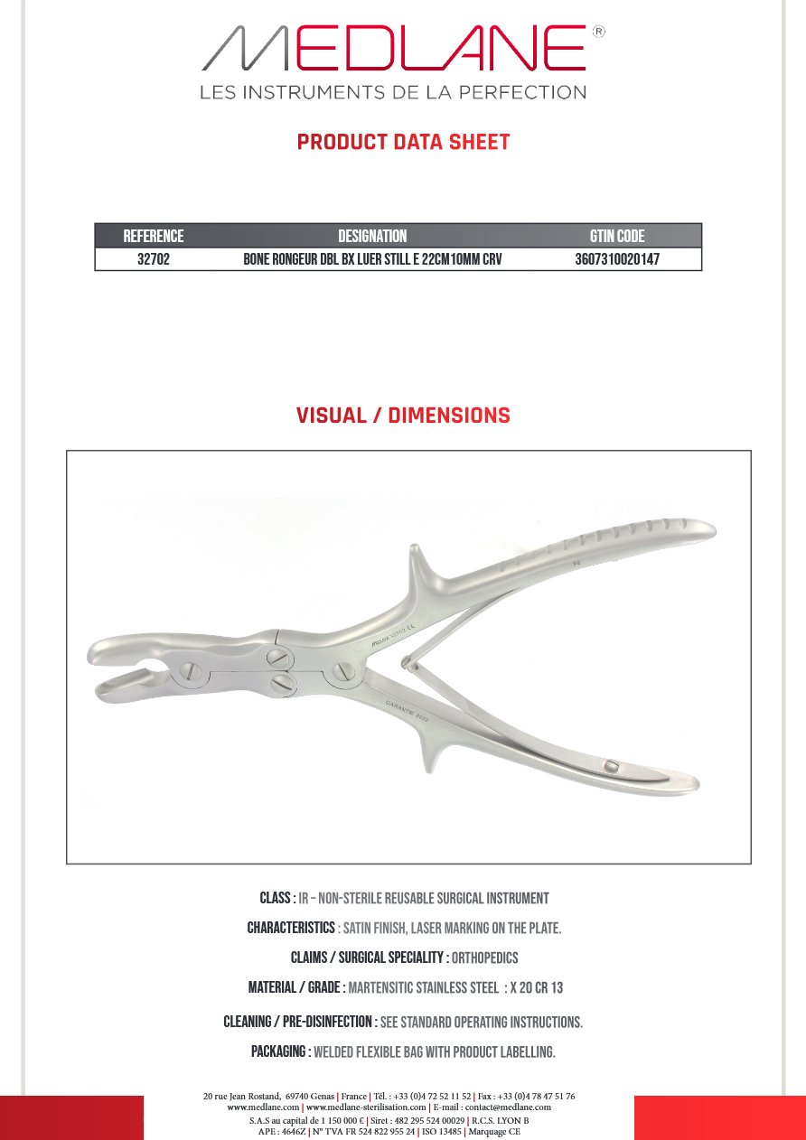 Photo produit MEDLANE : Pince Gouge Double Articulation Luer Still 220 X 10MM Courbe, référence 32702P