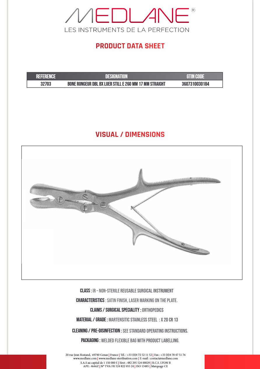 Pince Gouge Dbl Art. Luer Still 260 X 17MM Droit — REF 32703