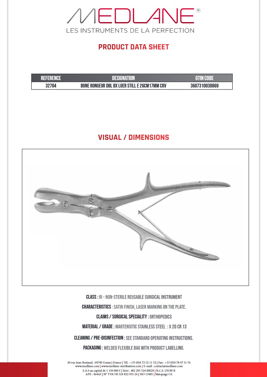 Photo produit MEDLANE : Pince Gouge Double Articulation Luer Still 260 X 17MM Courbe, référence 32704
