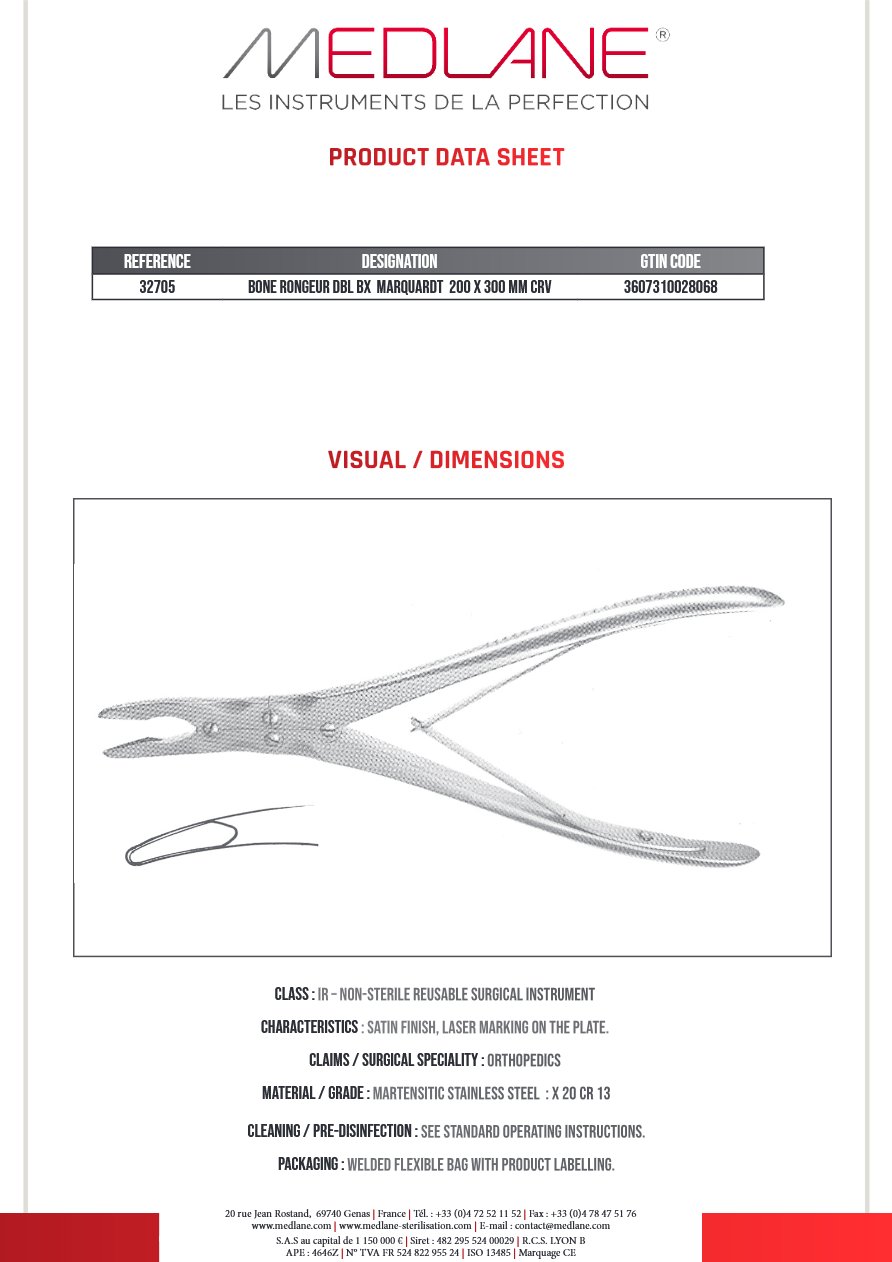 Photo produit MEDLANE : Pince Gouge Double Articulation Marquardt 200 X 3MM Courbe, référence 32705P
