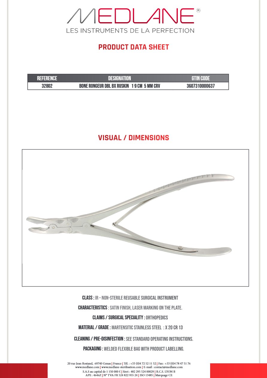 Photo produit MEDLANE : Pince Gouge Double Articulation Ruskin 190 X 5MM Courbe, référence 32802P
