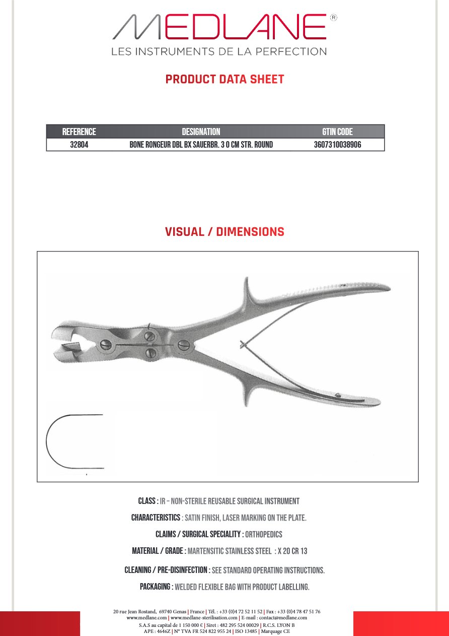 Photo produit MEDLANE : Pince Gouge Double Articulation Sauerbruch 300 mm Droit Rnd, référence 32804