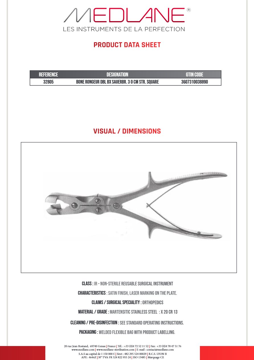Photo produit MEDLANE : Pince Gouge Double Articulation Sauerbruch 300 mm Droit Car, référence 32805