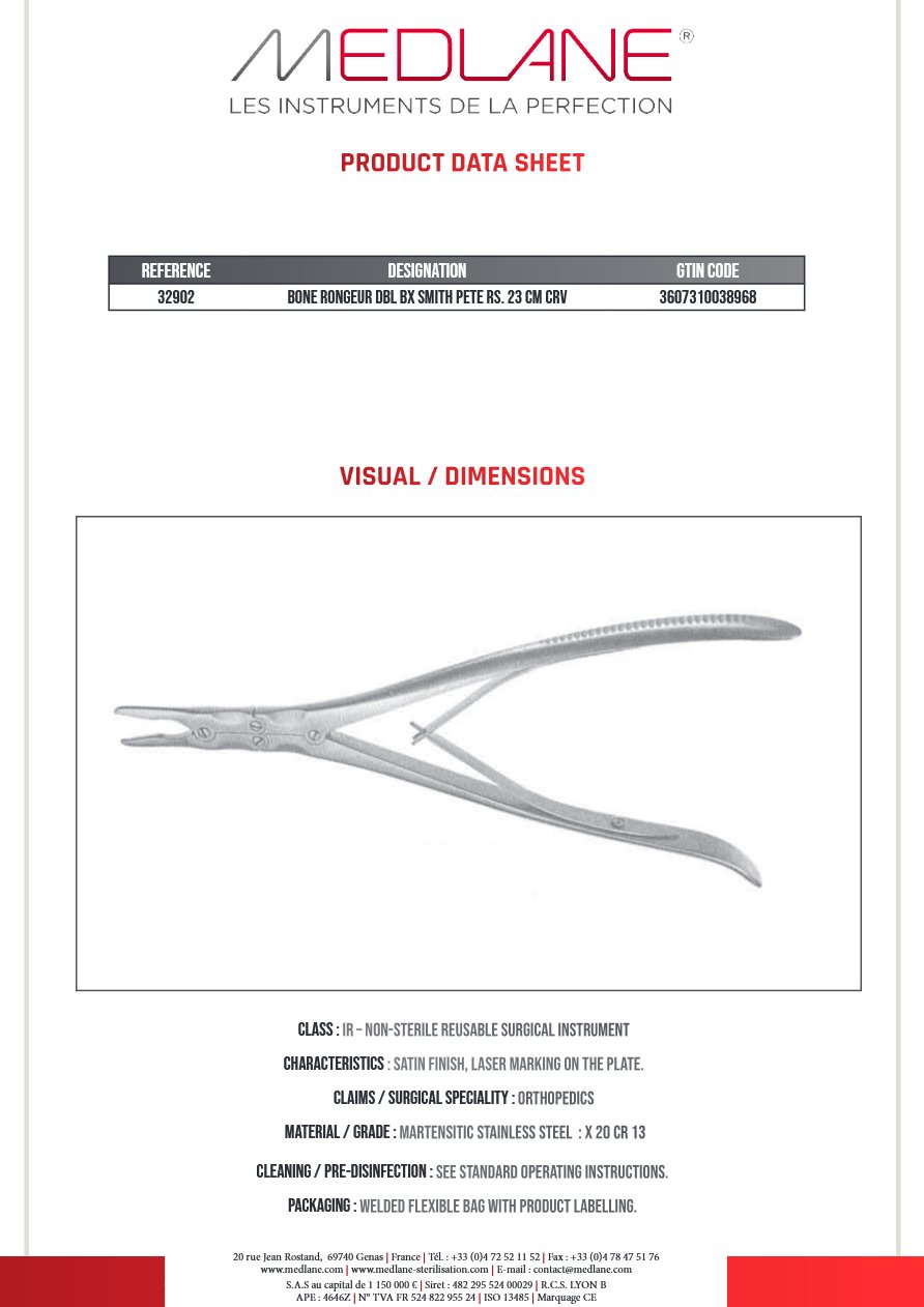 Photo produit MEDLANE : Pince Gouge Double Articulation Smith Petersen 230 mm Courbe, référence 32902P