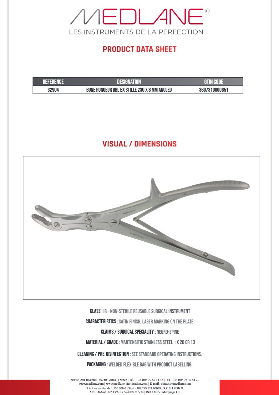 Photo produit MEDLANE : Pince Gouge Double Articulation Stille 230 X 8 mm Angulé, référence 32904P