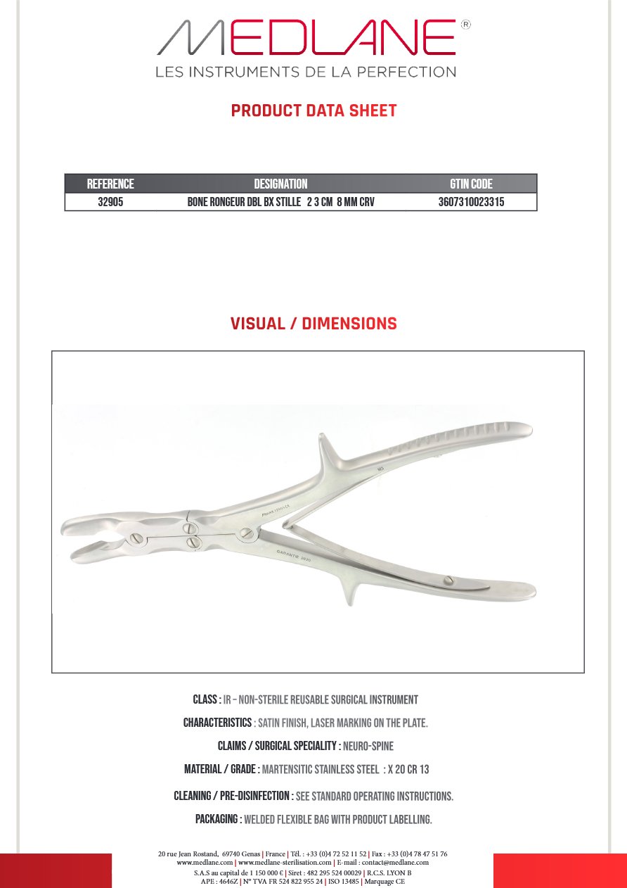 Photo produit MEDLANE : Pince Gouge Double Articulation Stille 230 X 8 mm Courbe, référence 32905P