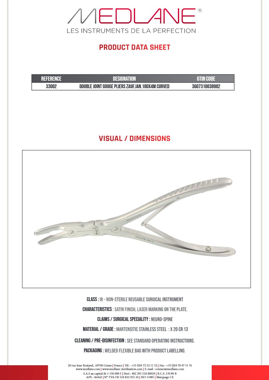 Photo produit MEDLANE : Pince Gouge Double Articulation Zaufal Jansen 180 X 4 mm Courbe, référence 33002P
