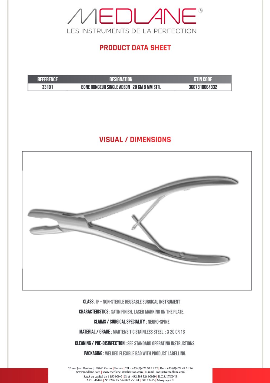 Pince Gouge Simple Adson 200 X 8 mm Droit — REF 33101P