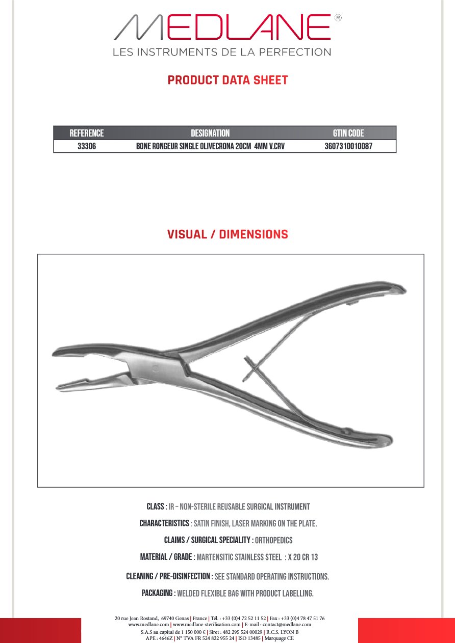 Pince Gouge Simple Olivecrona 200 mm 4 Tr Courbe — REF 33306