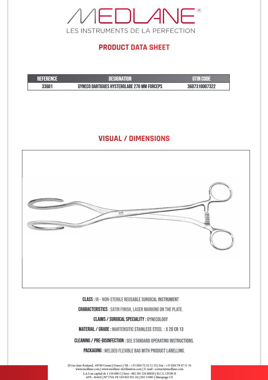 Pince Gynécologique Dartigues Hysterolabe 270 mm — REF 33601P