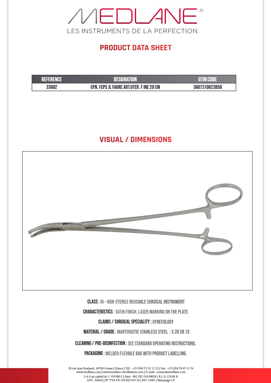 Photo produit MEDLANE : Pince Gynécologique Jl Faure Articulation uterine Fine 200 mm, référence 33602P