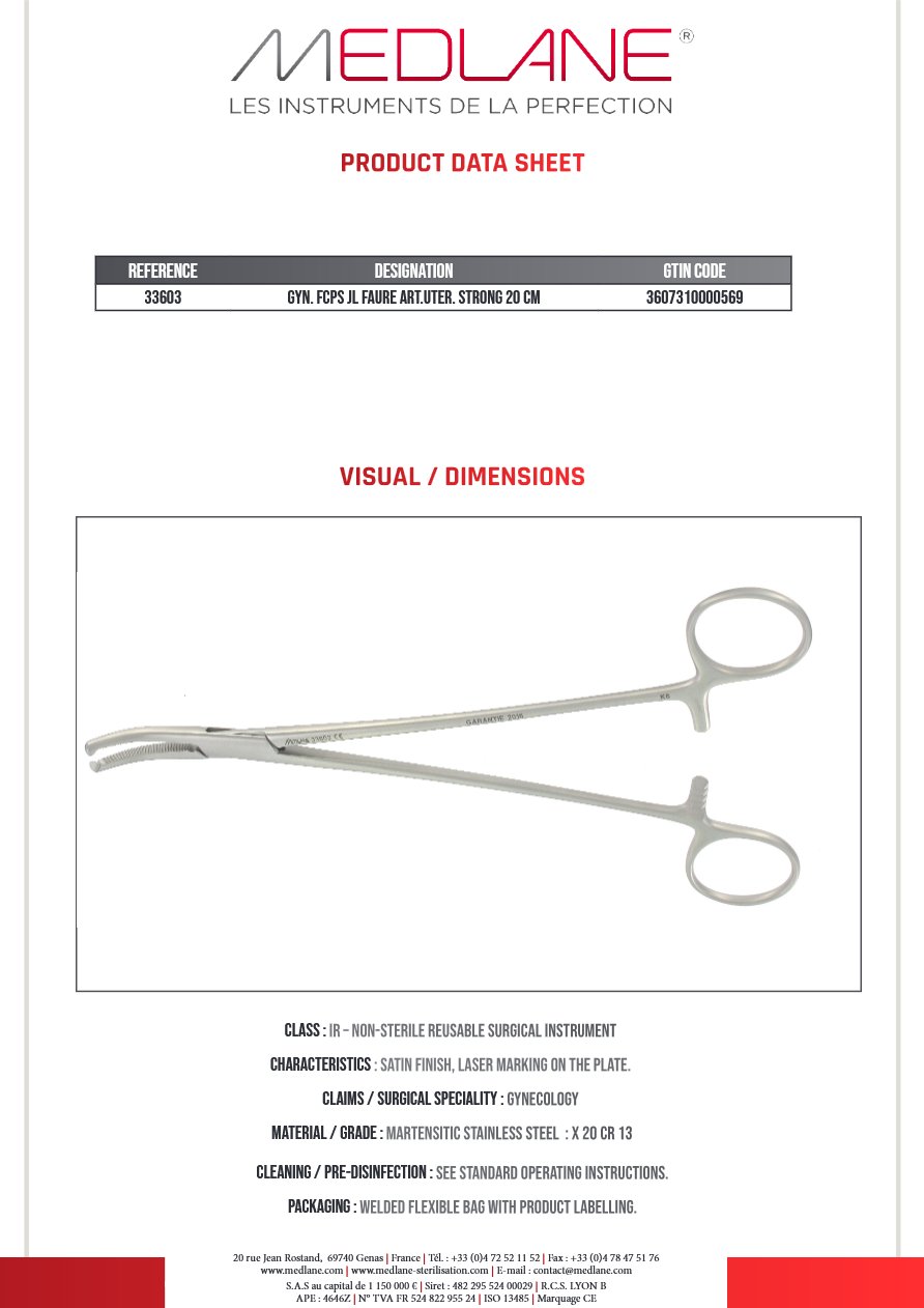 Photo produit MEDLANE : Pince Gynécologique Jl Faure Articulation uterine Forte 200 mm, référence 33603P