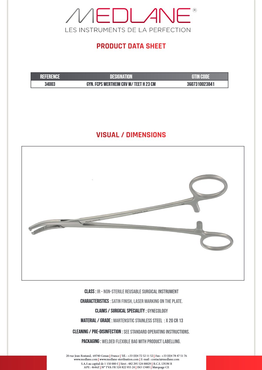 Photo produit MEDLANE : Pince Gynécologique Wertheim Courbe a Griffes 230 mm, référence 34003P
