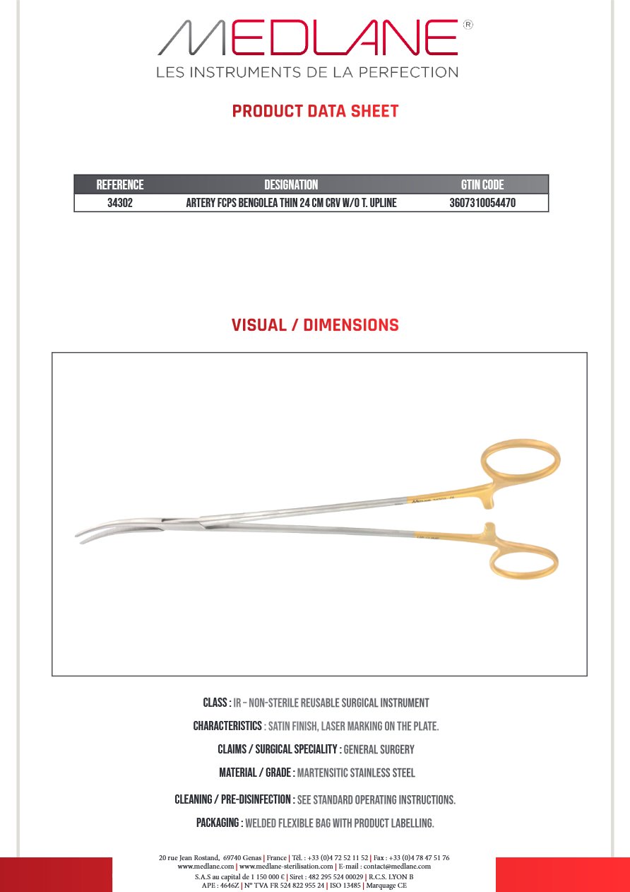 Pince Hémostatique Bengolea 240 mm Fine C. sans Griffes Upline — REF 34302P