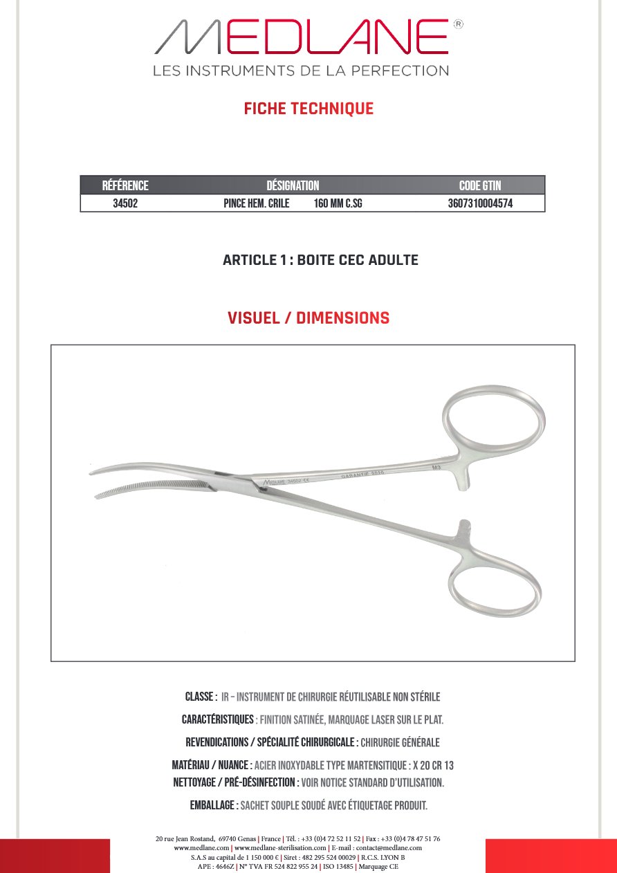 Silhouette complète d'une pince CRILE MEDLANE : Pince Hémostatique Crile 160 mm C. sans Griffes, référence 34502P