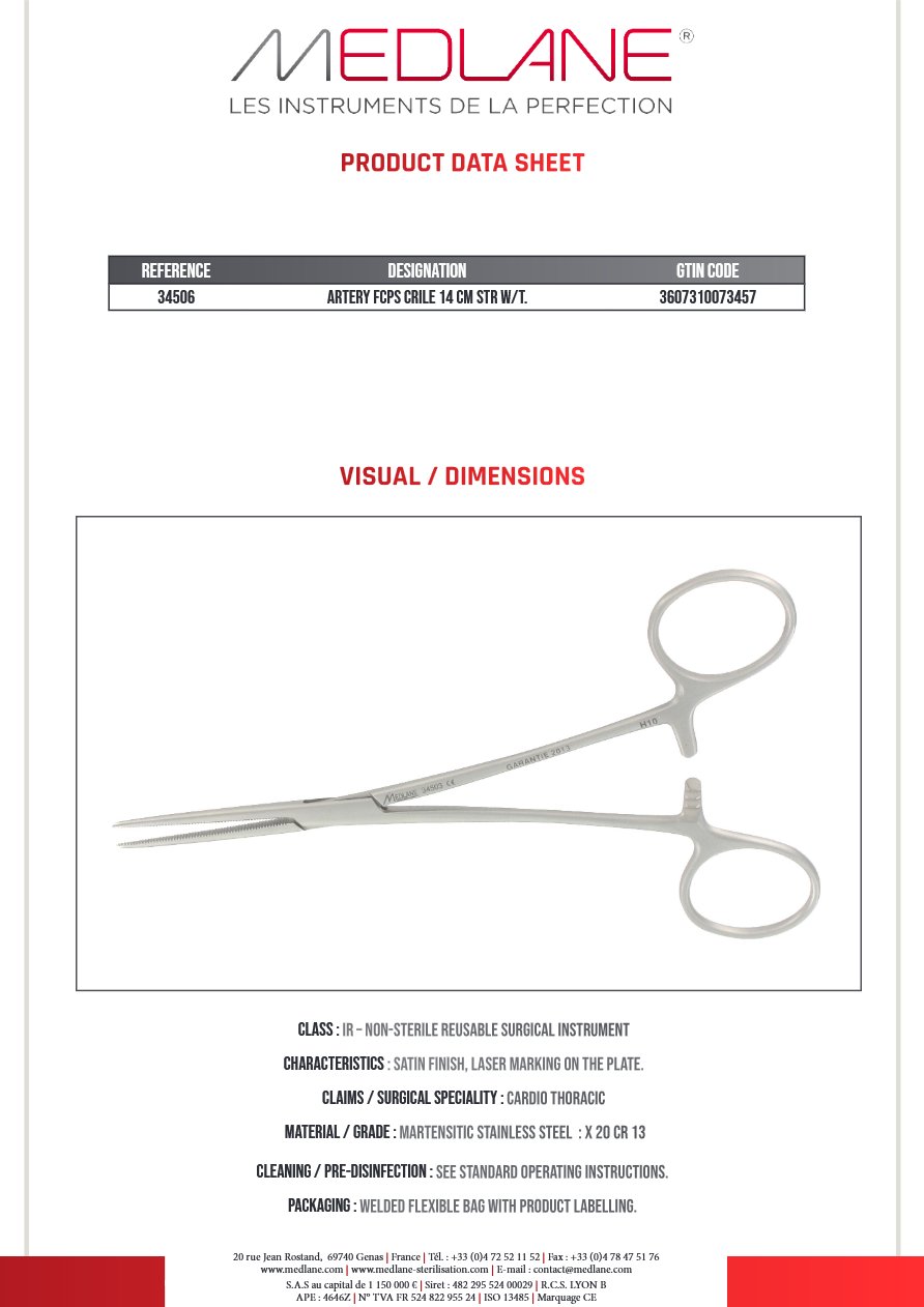 Pince Hémostatique Crile 140mm droite sans griffe — REF 34506