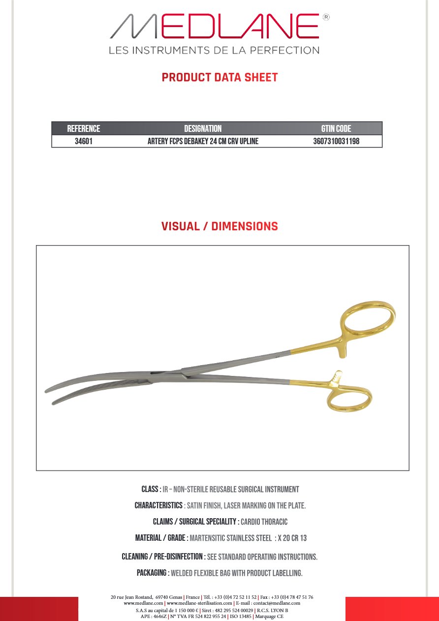 Pince Hémostatique Debakey 240 mm Courbe Upline — REF 34601P