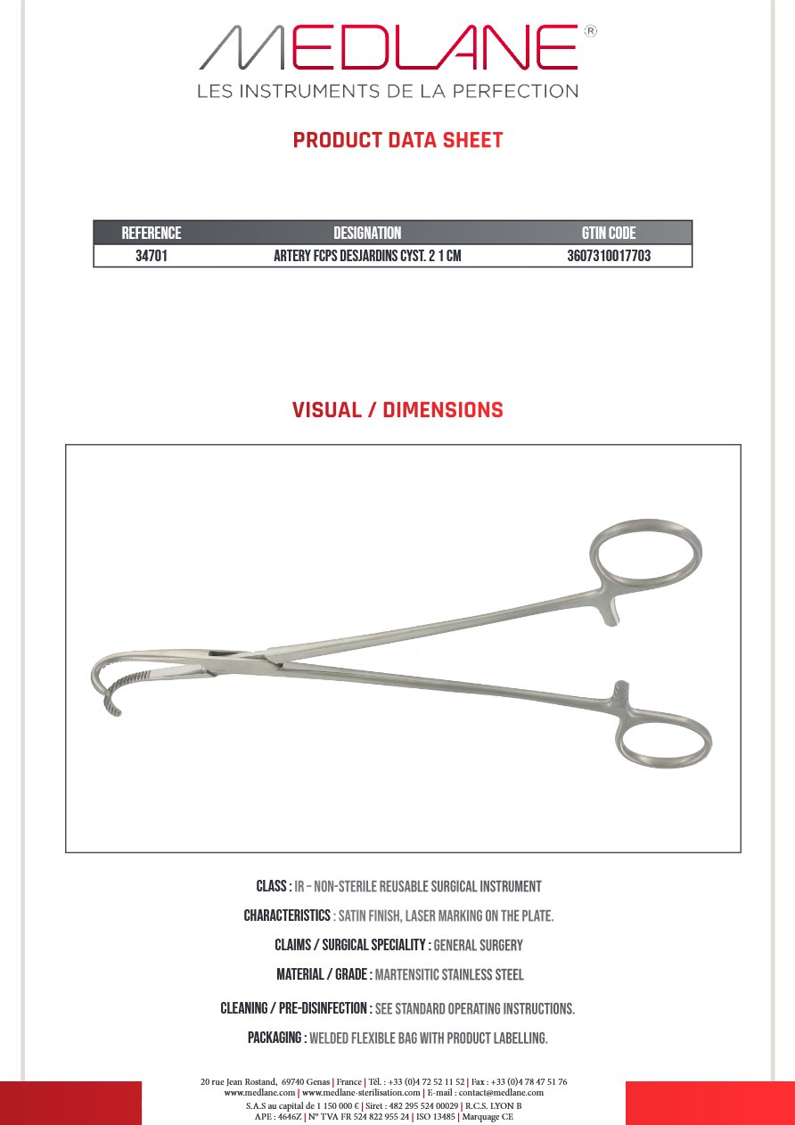 Pince Hémostatique Desjardins Cyst. 210 mm — REF 34701P