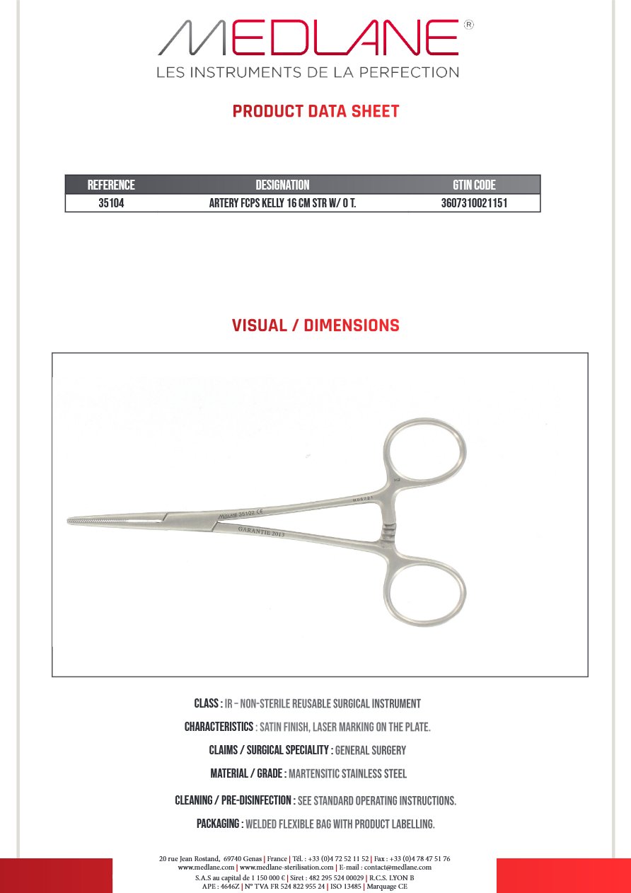 Pince Hémostatique Kelly 160 mm D.sans Griffes — REF 35104F