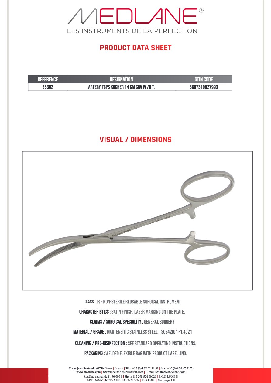 Pince Hémostatique Kocher 140 mm C.sans Griffes — REF 35302P