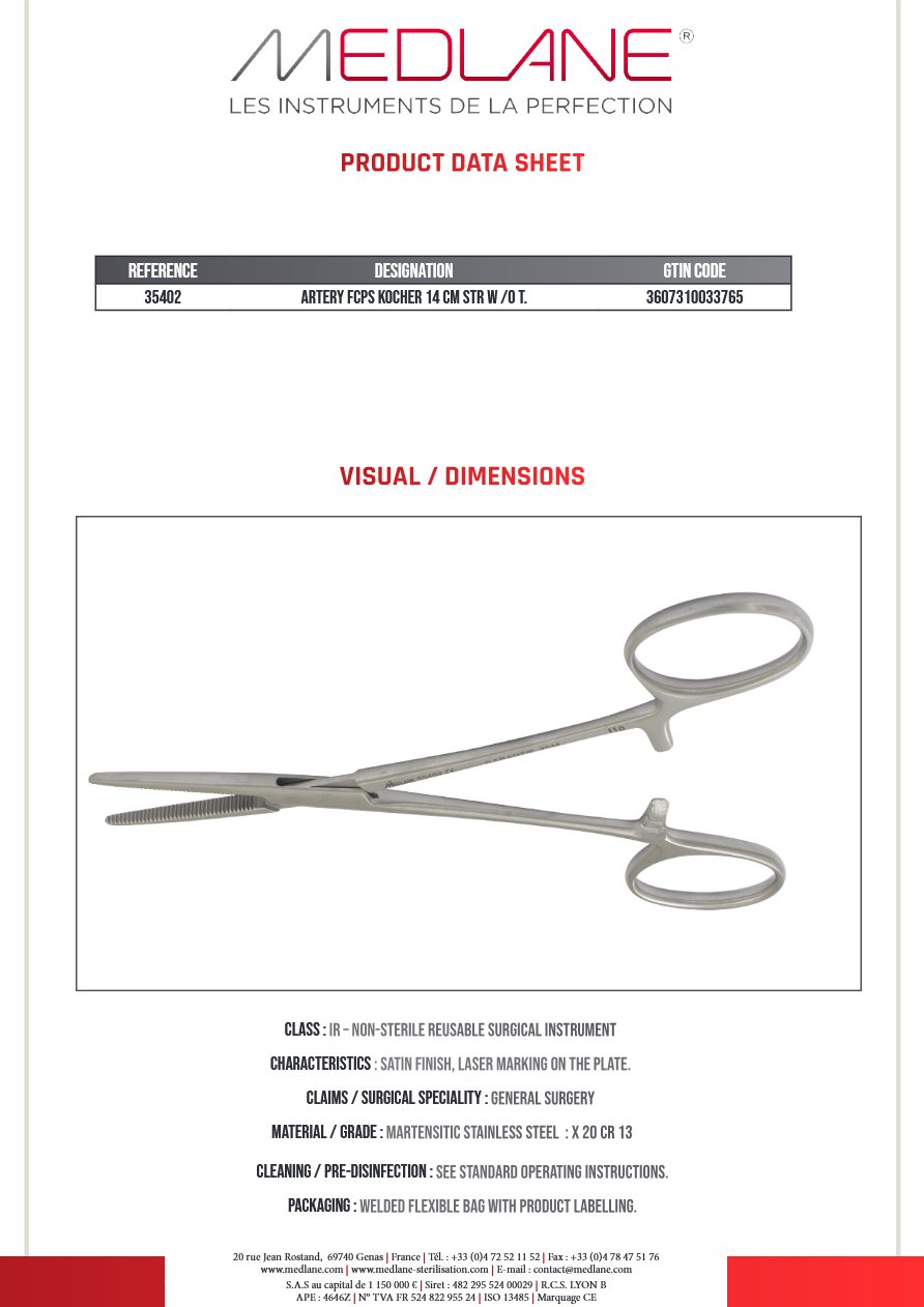 Pince Hémostatique Kocher 140 mm D.sans Griffes — REF 35402P