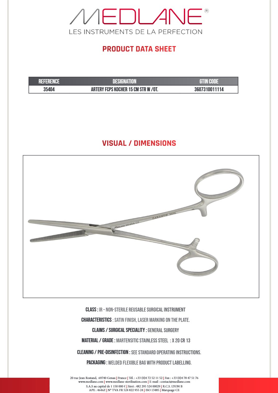 Pince Hémostatique Kocher 150 mm D.sans Griffes — REF 35404P