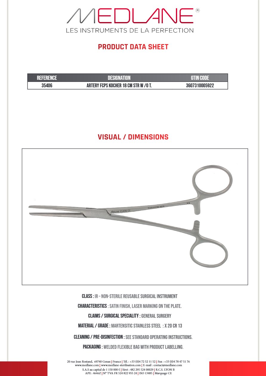 Pince Hémostatique Kocher 180 mm D.sans Griffes — REF 35406P