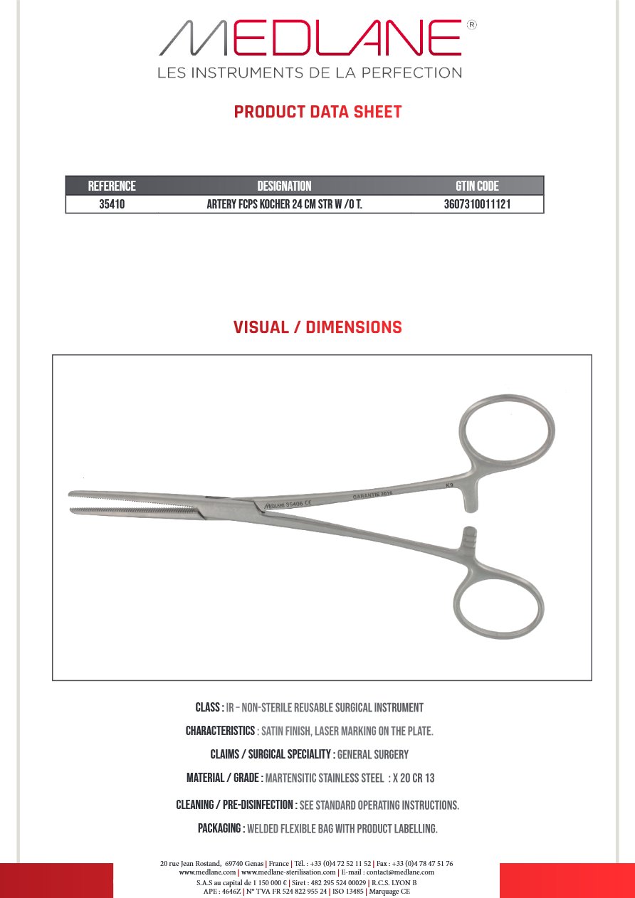 Pince Hémostatique Kocher 240 mm D.sans Griffes — REF 35410P