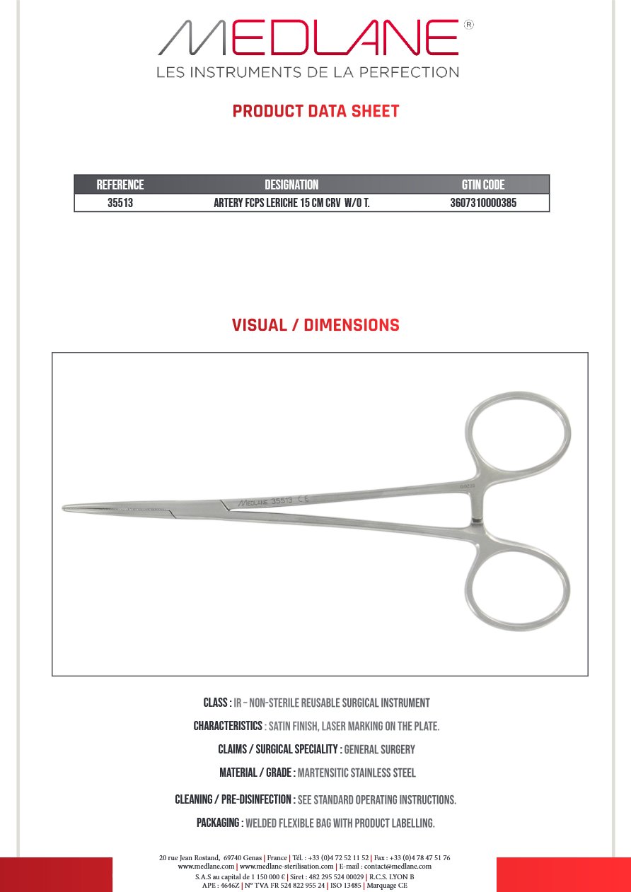 Pince Hémostatique Leriche 150 mm C.sans Griffes — REF 35513P