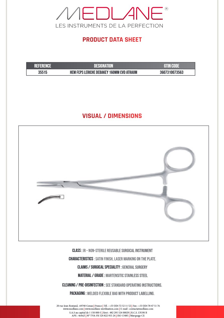 Pince Hémostatique Leriche Debakey 160 mm Courbe Atrauma — REF 35515